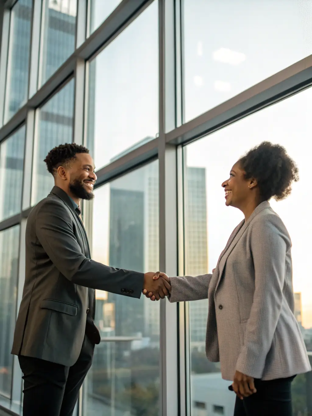 An image of a professional handshake between two business partners in a modern office setting.