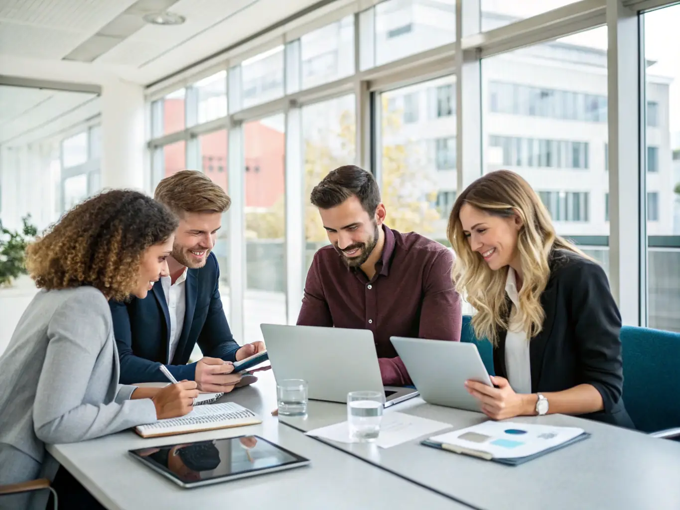 An image of a diverse team brainstorming ideas in a modern office, symbolizing strategic planning and collaboration.