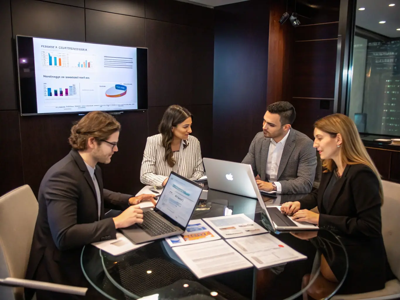 An image of a business team collaborating over a strategic plan on a conference table, with charts and laptops, symbolizing strategic planning services.