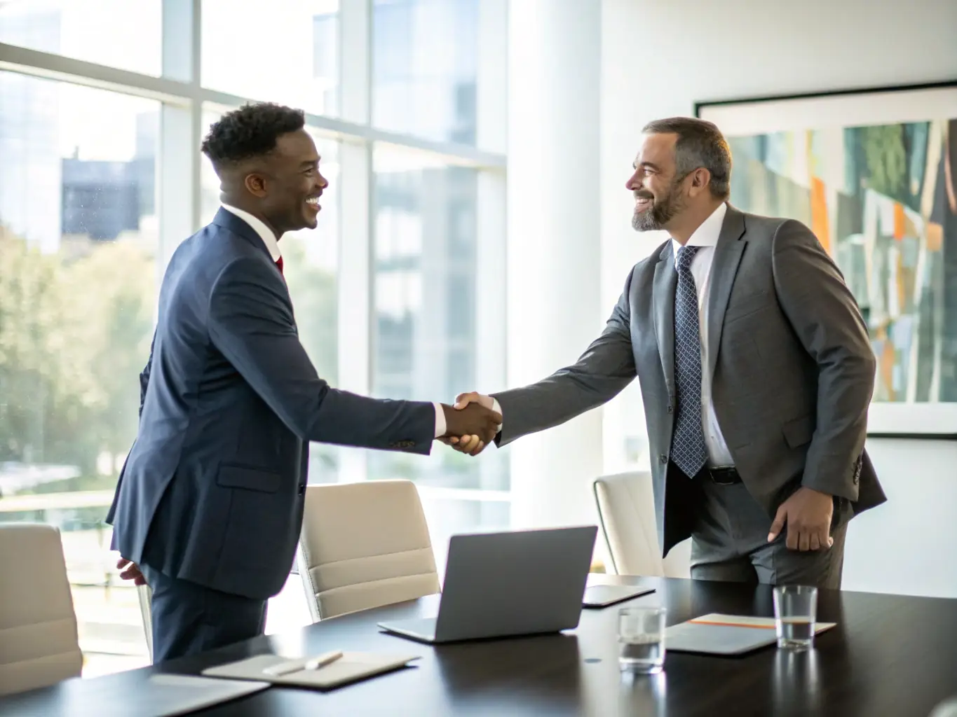An image of a professional handshake between two business partners in a modern office setting, representing business development services.