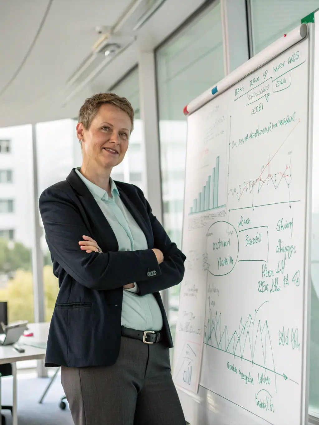 An image of a consultant presenting a growth strategy to a client in a modern office.