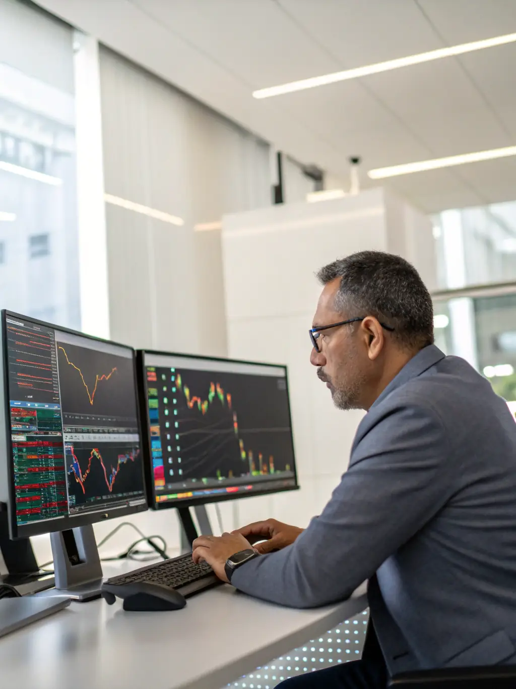 An image of a analyst reviewing market data and charts on a computer screen.