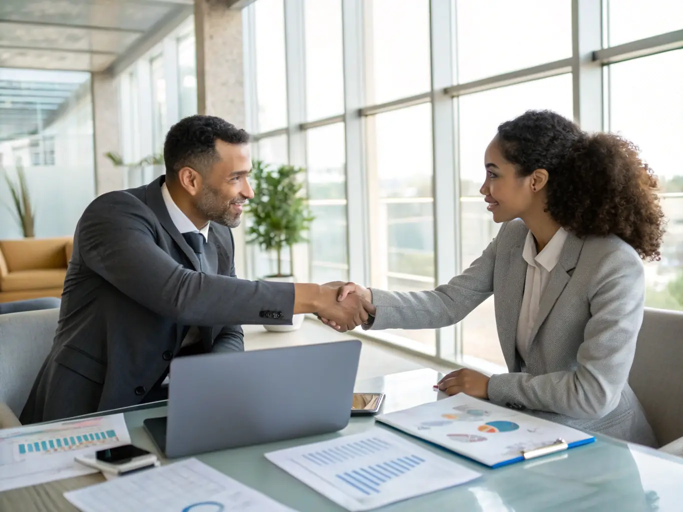 An image of two professionals shaking hands in a bright, modern office, representing successful business development partnerships.