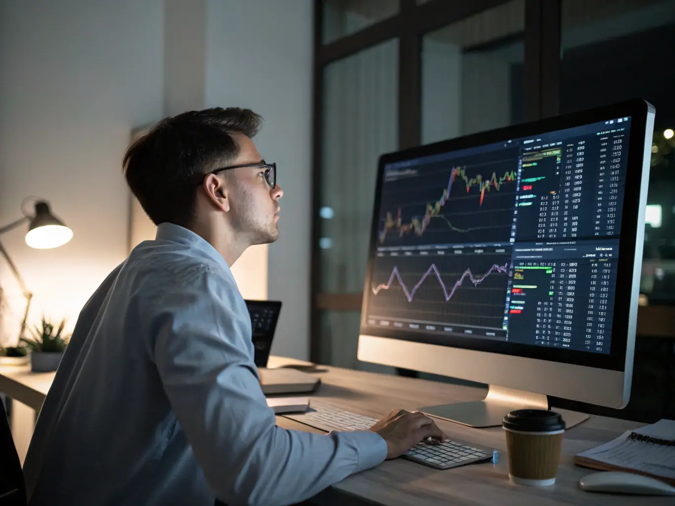 An image of a analyst reviewing market data and charts on a computer screen, illustrating market analysis services.