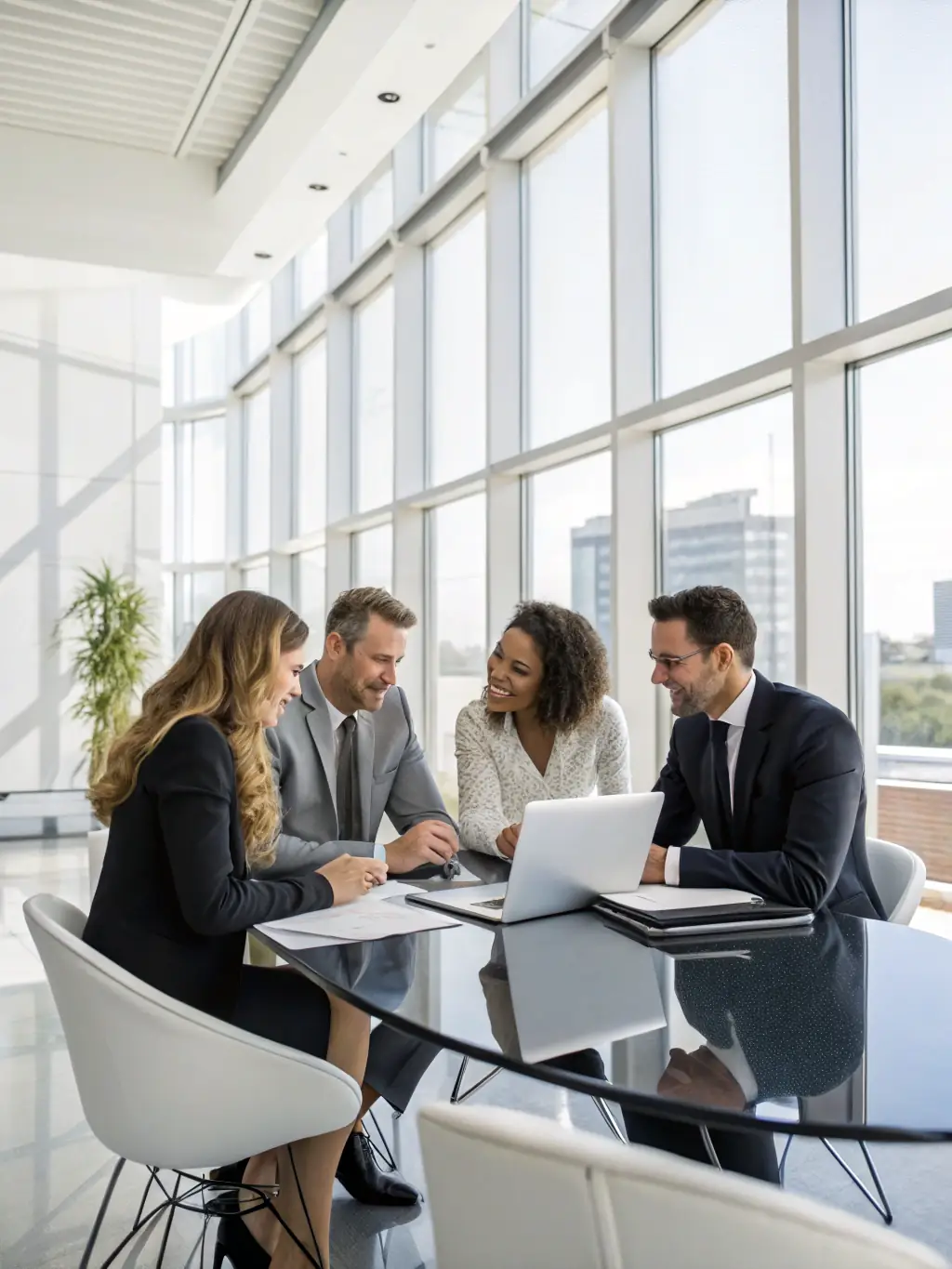 An image of a business team collaborating over a strategic plan on a conference table, with charts and laptops.