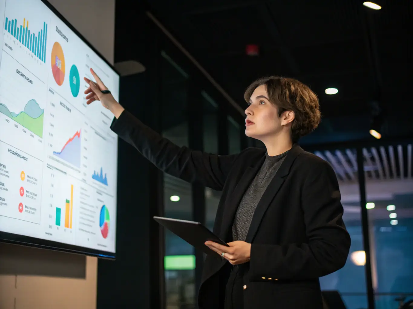 A consultant is analyzing market data on a tablet, with various charts and graphs displayed, in a modern office environment, symbolizing market analysis services.